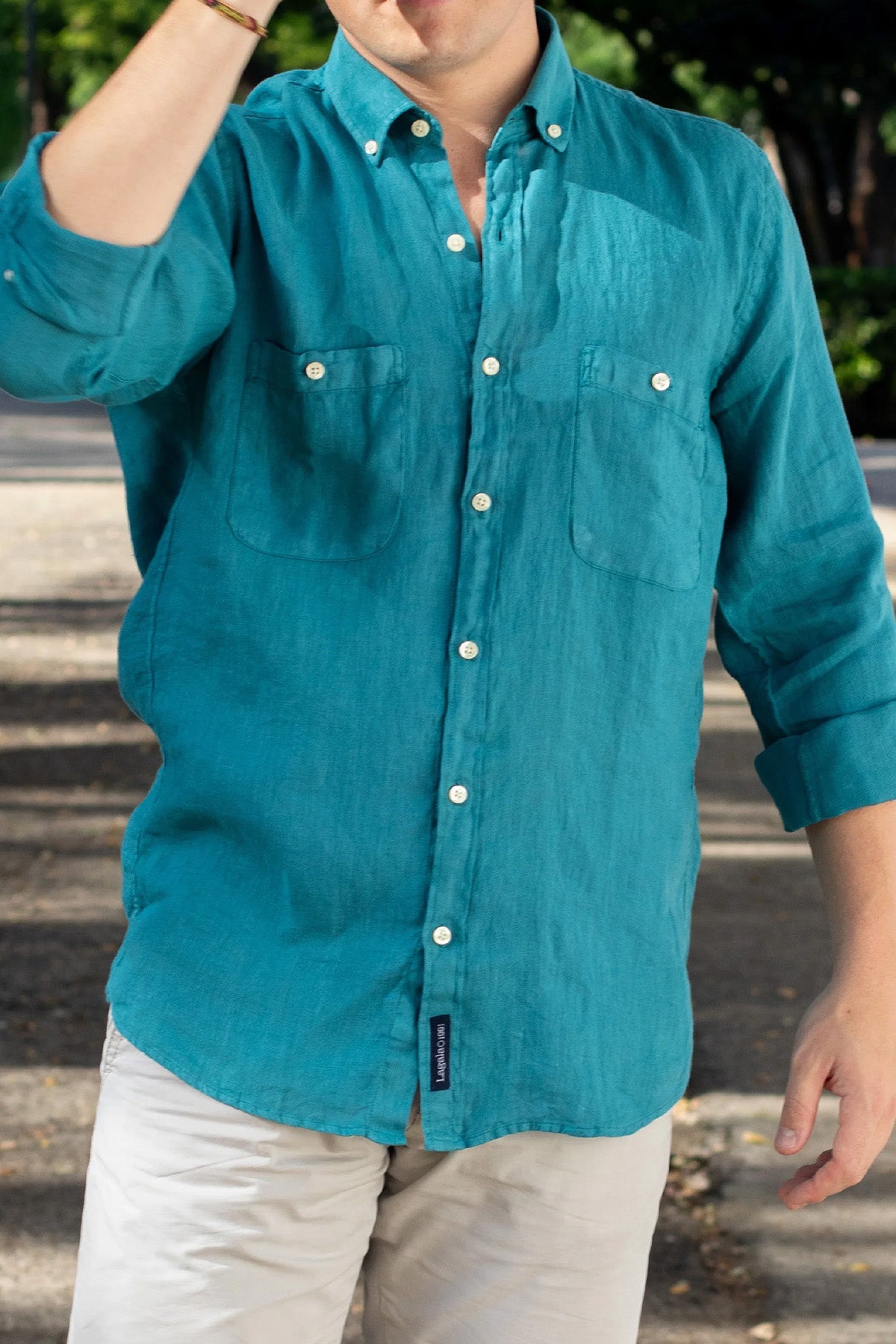 Camisa 100% lino AZUL-VERDOSO